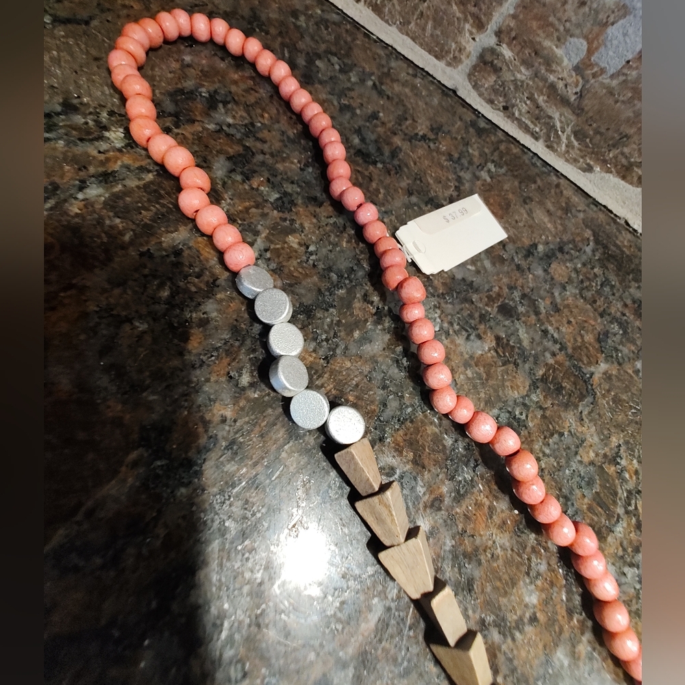 Wooden Beaded Necklace, Pink, Silver, Brown Painted Beads - Picture 3 of 5